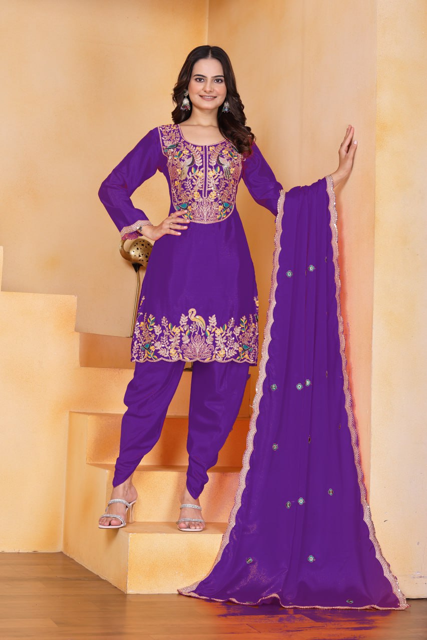 Prazu Fashion Purple Chinon Silk Embroidered Dhoti Style Suit