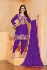 Thumbnail for Prazu Fashion Purple Chinon Silk Embroidered Dhoti Style Suit