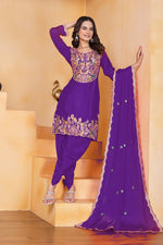 Thumbnail for Prazu Fashion Purple Chinon Silk Embroidered Dhoti Style Suit