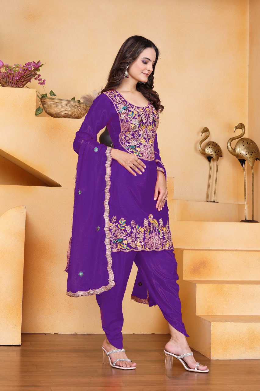 Prazu Fashion Purple Chinon Silk Embroidered Dhoti Style Suit
