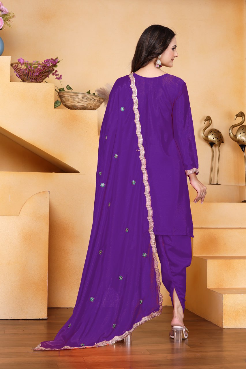 Prazu Fashion Purple Chinon Silk Embroidered Dhoti Style Suit