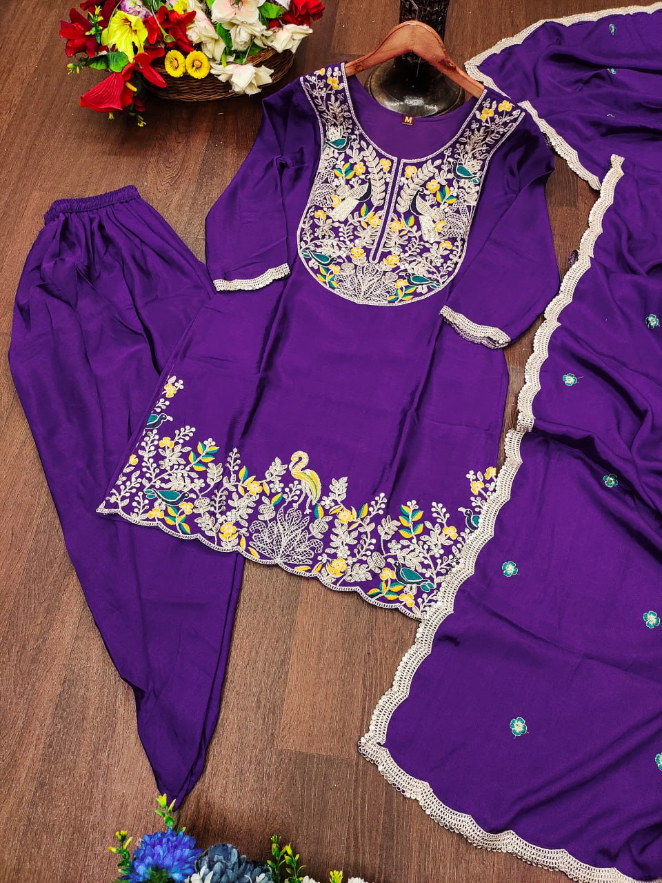 Prazu Fashion Purple Chinon Silk Embroidered Dhoti Style Suit