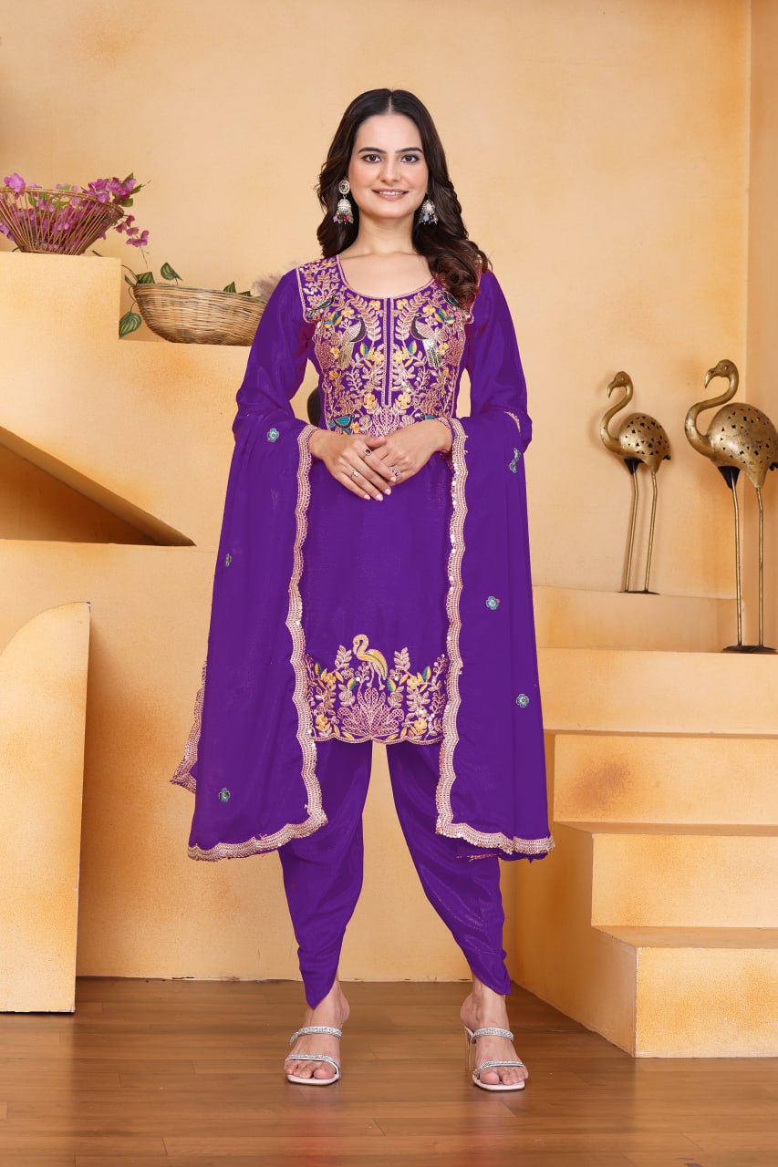 Prazu Fashion Purple Chinon Silk Embroidered Dhoti Style Suit