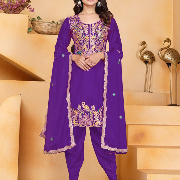 Prazu Fashion Purple Chinon Silk Embroidered Dhoti Style Suit