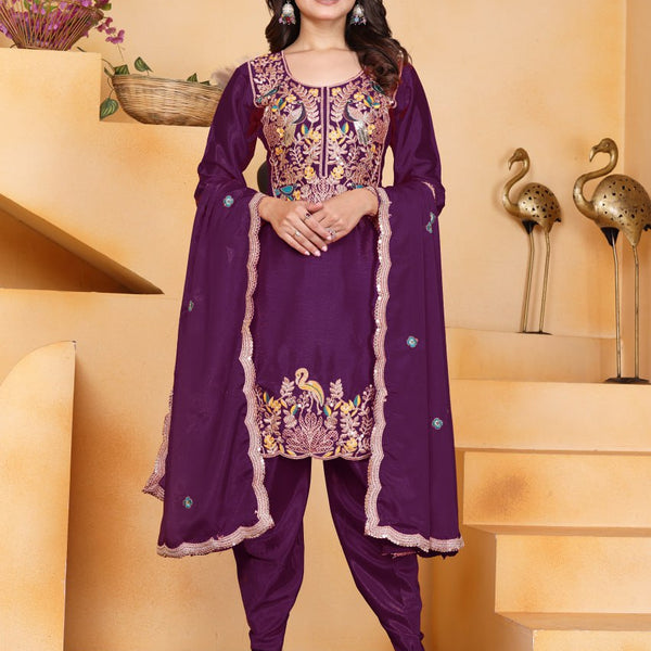 Prazu Fashion Wine Chinon Silk Embroidered Dhoti Style Suit