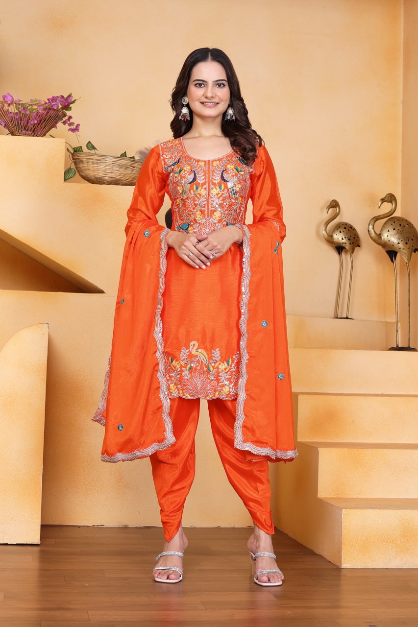 Prazu Fashion Orange Chinon Silk Embroidered Dhoti Style Suit