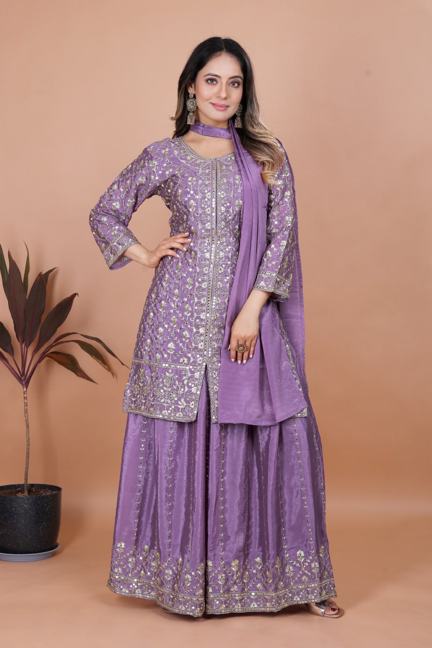 Prazu Fashion Lavender Chinon Silk Embroidered Sharara Suit