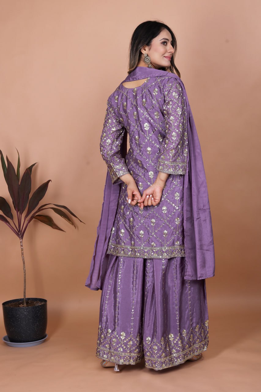 Prazu Fashion Lavender Chinon Silk Embroidered Sharara Suit