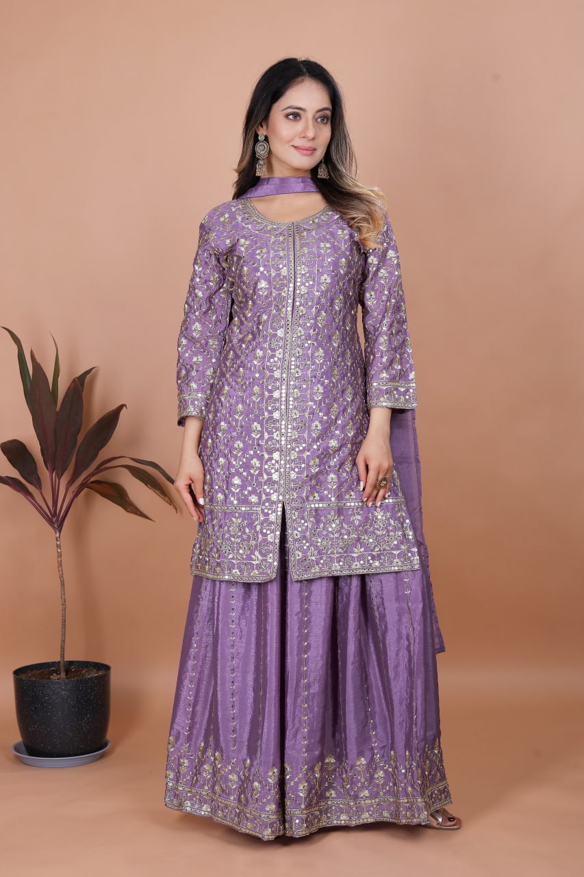Prazu Fashion Lavender Chinon Silk Embroidered Sharara Suit