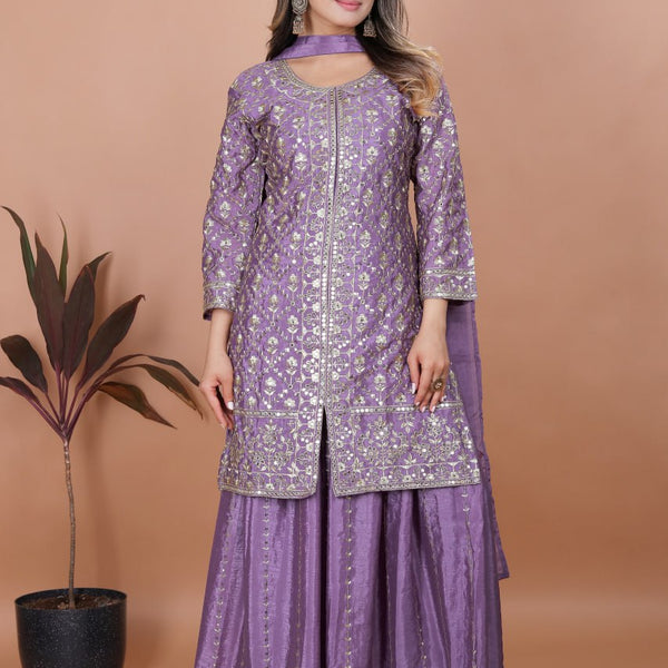 Prazu Fashion Lavender Chinon Silk Embroidered Sharara Suit