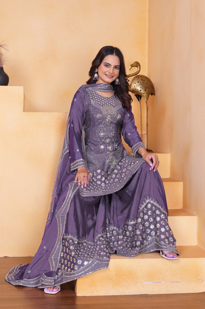 Prazu Fashion Lavender Chinon Silk Embroidered Designer Sharara Suit