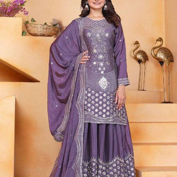 Prazu Fashion Lavender Chinon Silk Embroidered Designer Sharara Suit