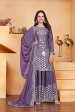 Thumbnail for Prazu Fashion Lavender Chinon Silk Embroidered Designer Sharara Suit