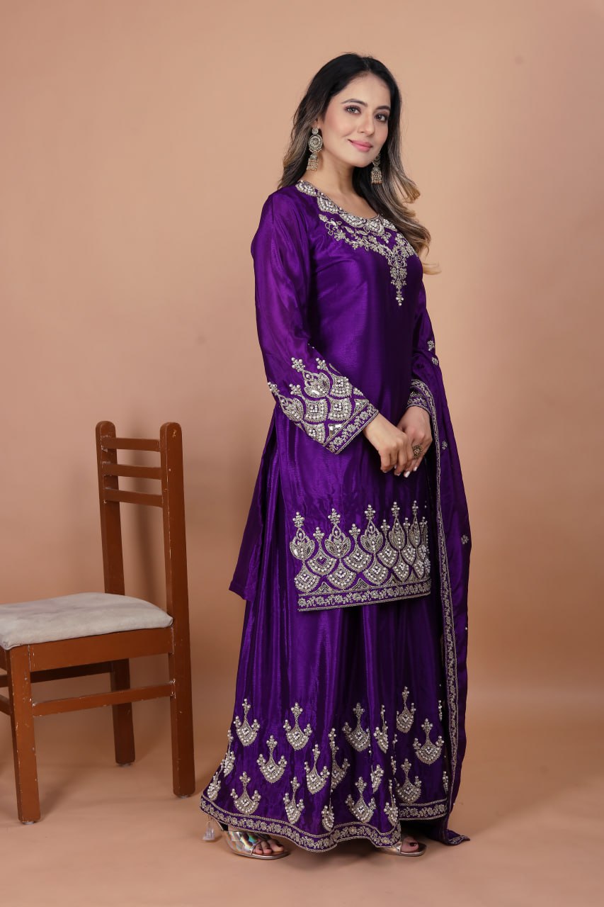 Prazu Fashion Violet Chinon Silk Embroidered Rivet Moti Work Sharara Suit
