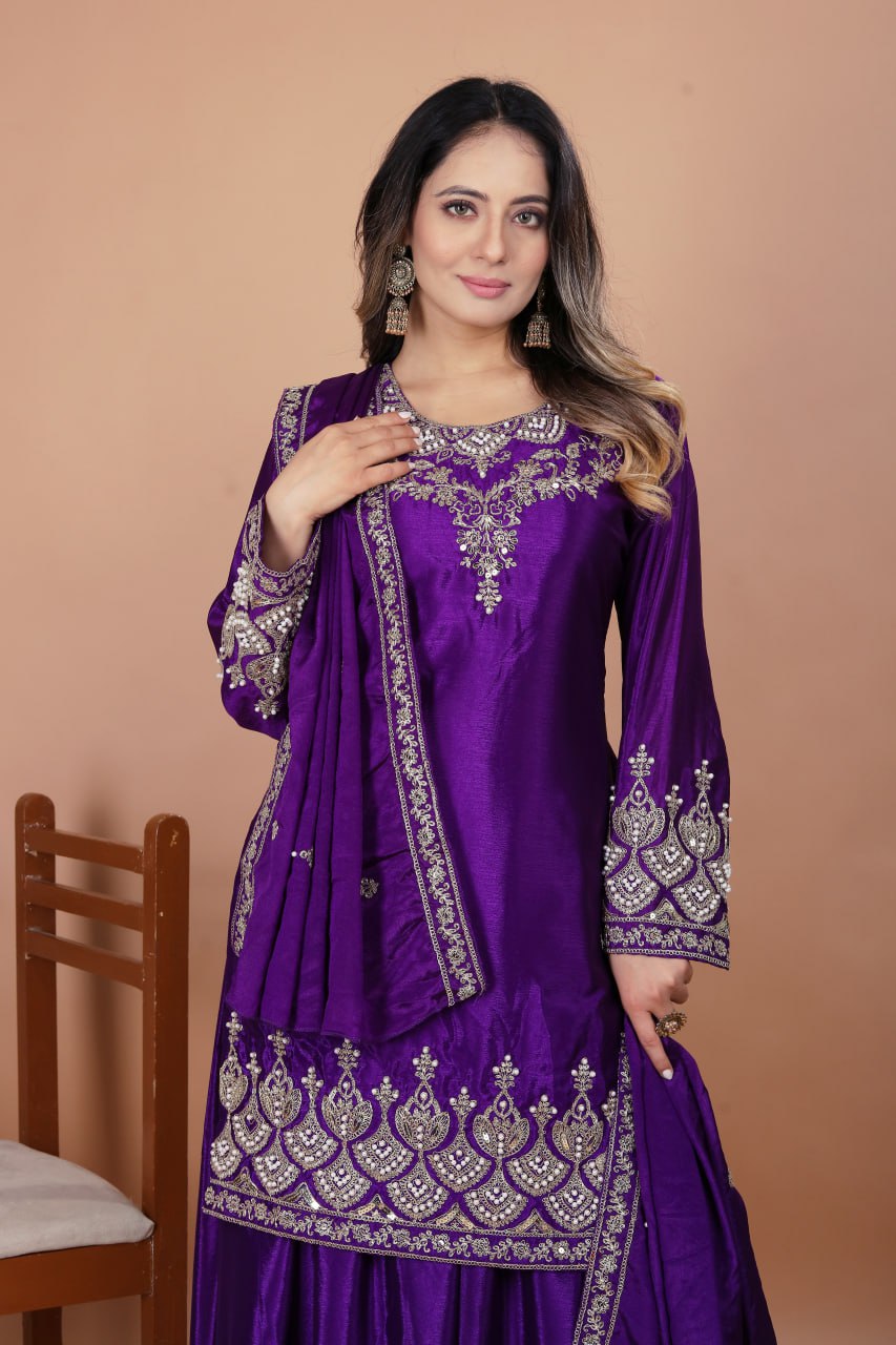 Prazu Fashion Violet Chinon Silk Embroidered Rivet Moti Work Sharara Suit