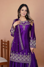 Thumbnail for Prazu Fashion Violet Chinon Silk Embroidered Rivet Moti Work Sharara Suit