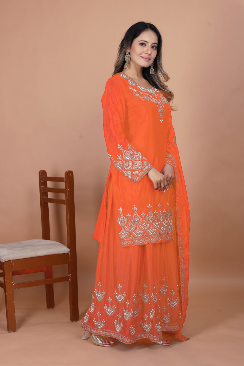 Prazu Fashion Orange Chinon Silk Embroidered Designer Sharara Suit