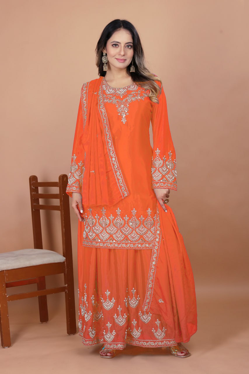 Prazu Fashion Orange Chinon Silk Embroidered Designer Sharara Suit - Distacart
