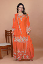 Thumbnail for Prazu Fashion Orange Chinon Silk Embroidered Designer Sharara Suit