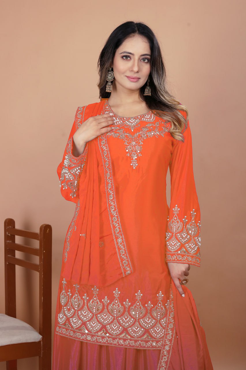 Prazu Fashion Orange Chinon Silk Embroidered Designer Sharara Suit