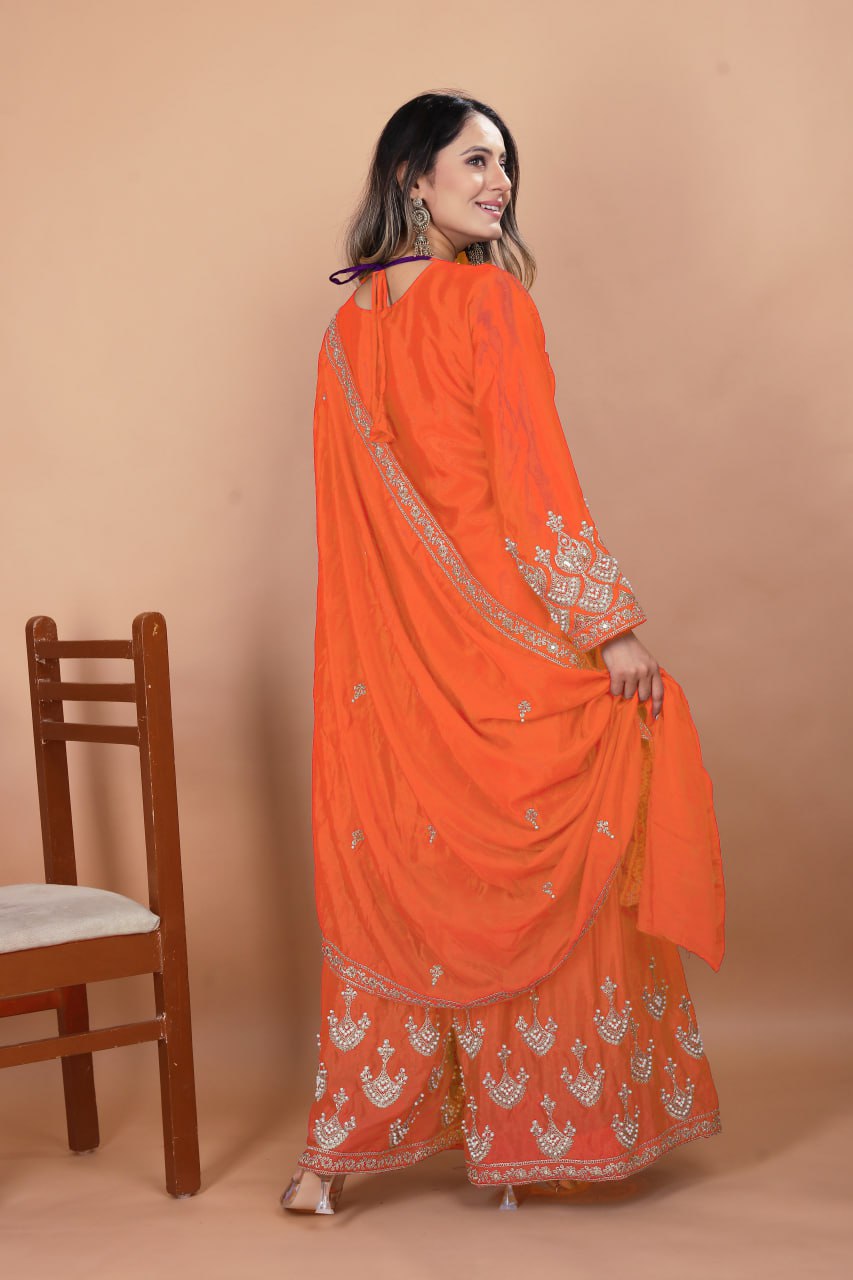 Prazu Fashion Orange Chinon Silk Embroidered Designer Sharara Suit