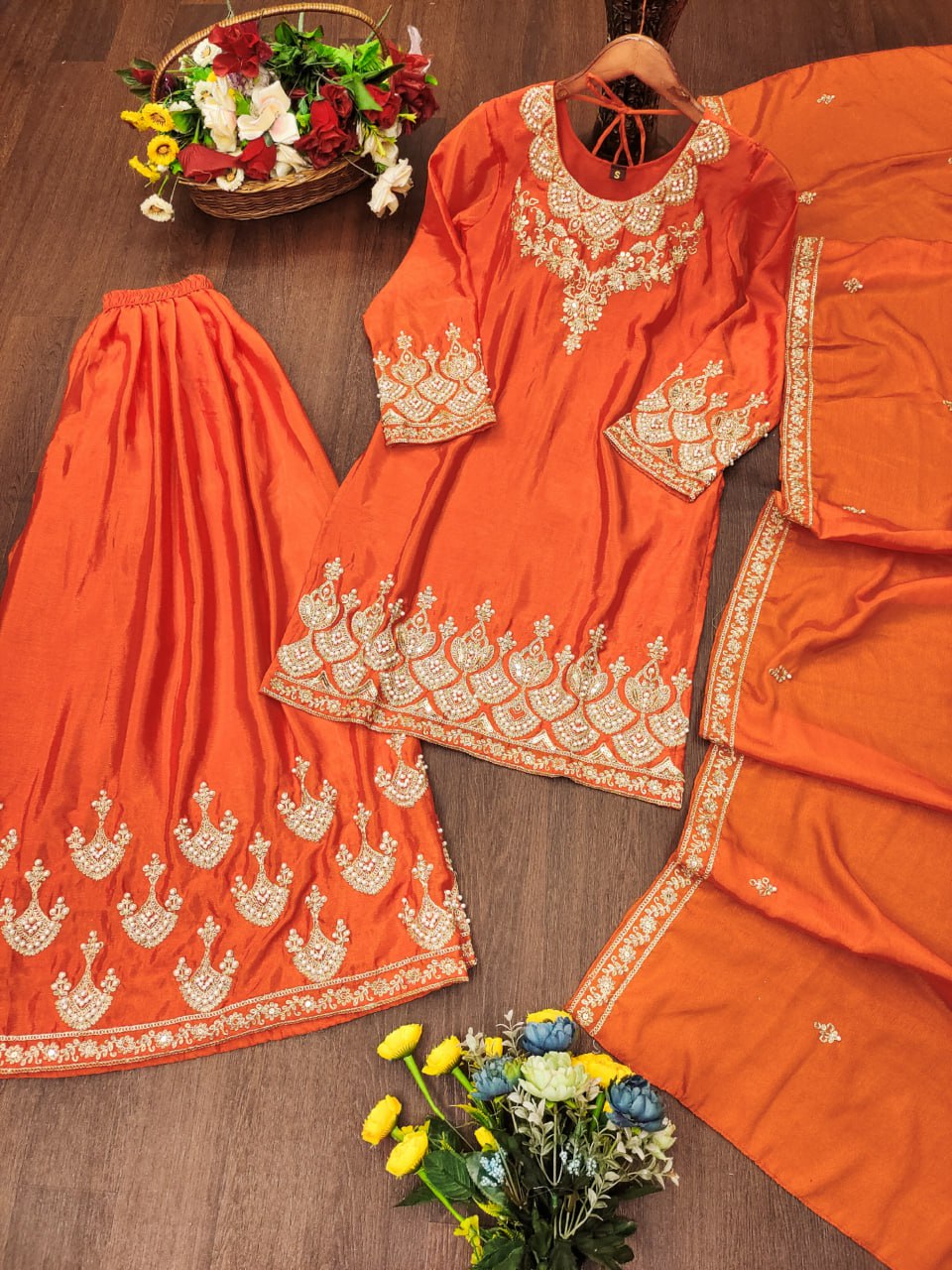 Prazu Fashion Orange Chinon Silk Embroidered Designer Sharara Suit