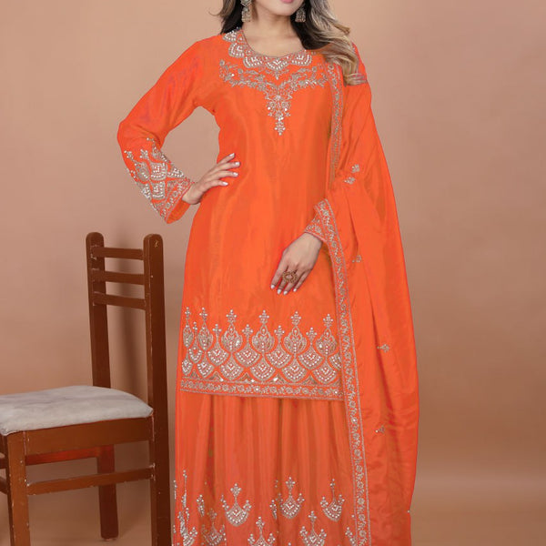 Prazu Fashion Orange Chinon Silk Embroidered Designer Sharara Suit