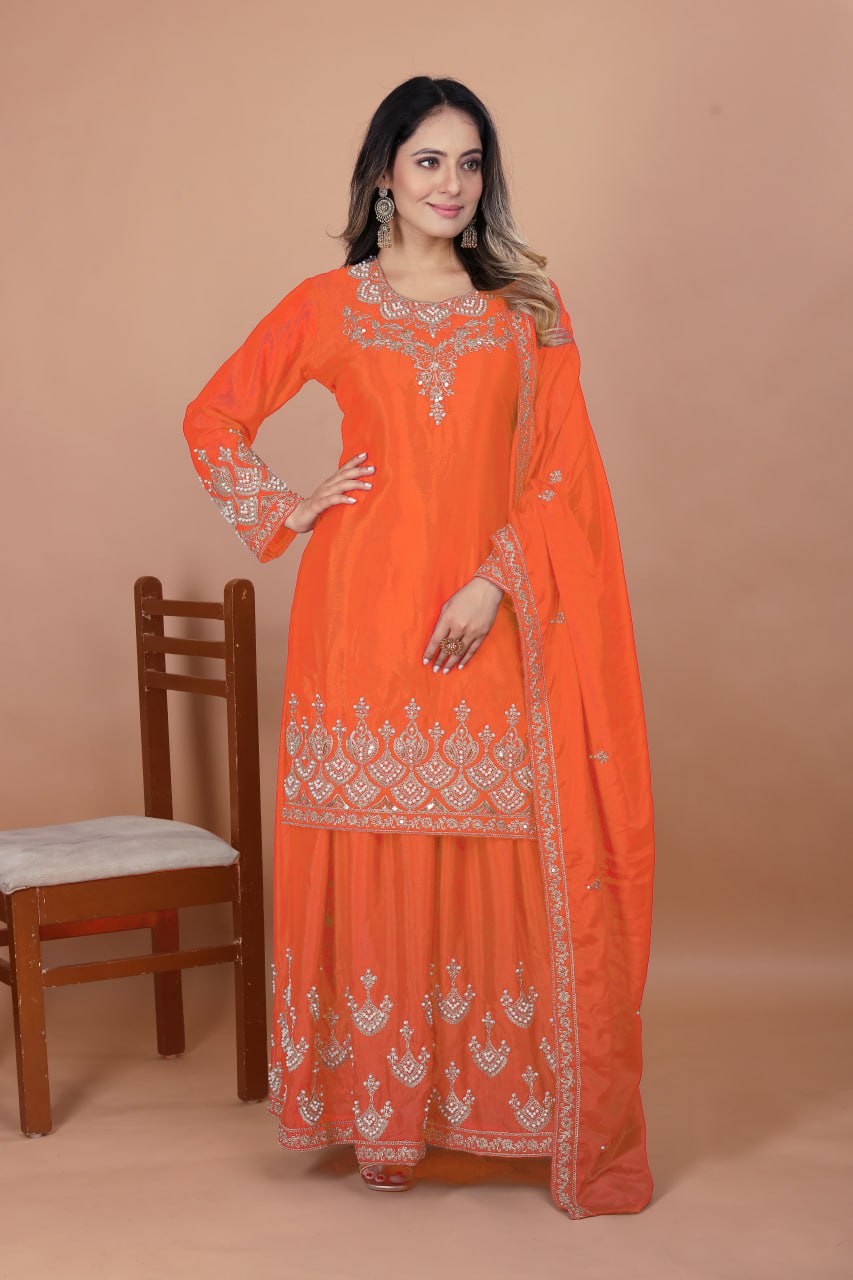 Prazu Fashion Orange Chinon Silk Embroidered Designer Sharara Suit - Distacart