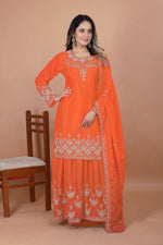 Thumbnail for Prazu Fashion Orange Chinon Silk Embroidered Designer Sharara Suit