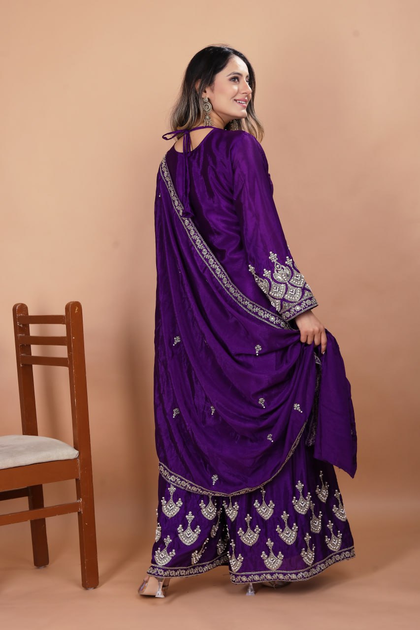 Prazu Fashion Violet Chinon Silk Embroidered Designer Sharara Suit