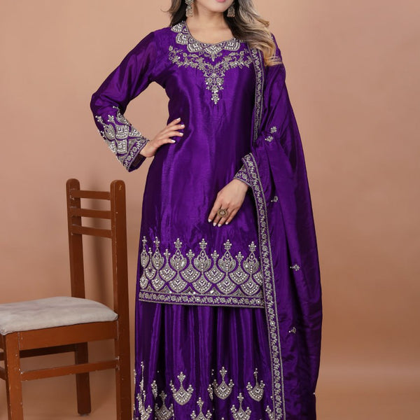 Prazu Fashion Violet Chinon Silk Embroidered Designer Sharara Suit