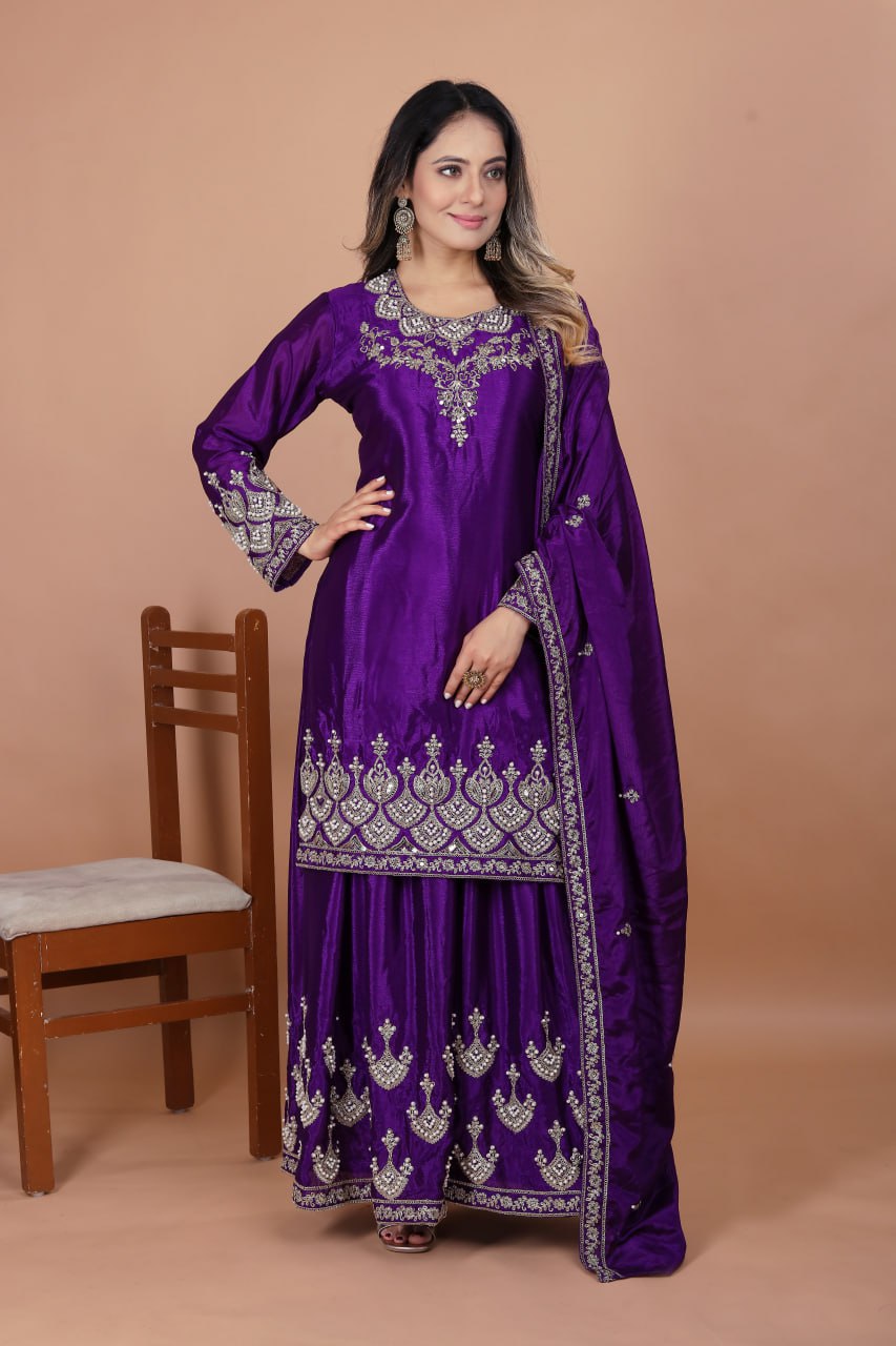 Prazu Fashion Violet Chinon Silk Embroidered Rivet Moti Work Sharara Suit
