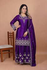 Thumbnail for Prazu Fashion Violet Chinon Silk Embroidered Rivet Moti Work Sharara Suit