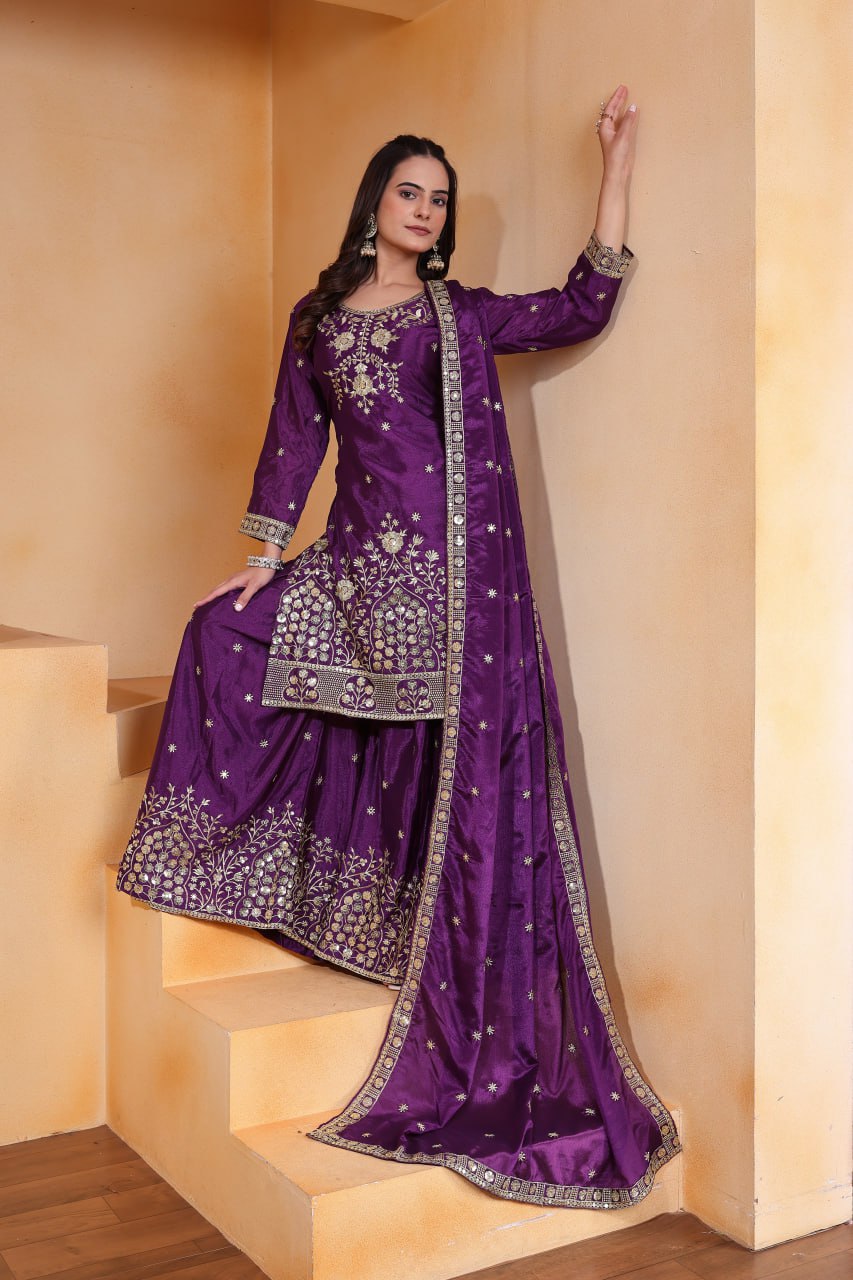 Prazu Fashion Violet Chinon Silk Embroidered Designer Sharara Suit