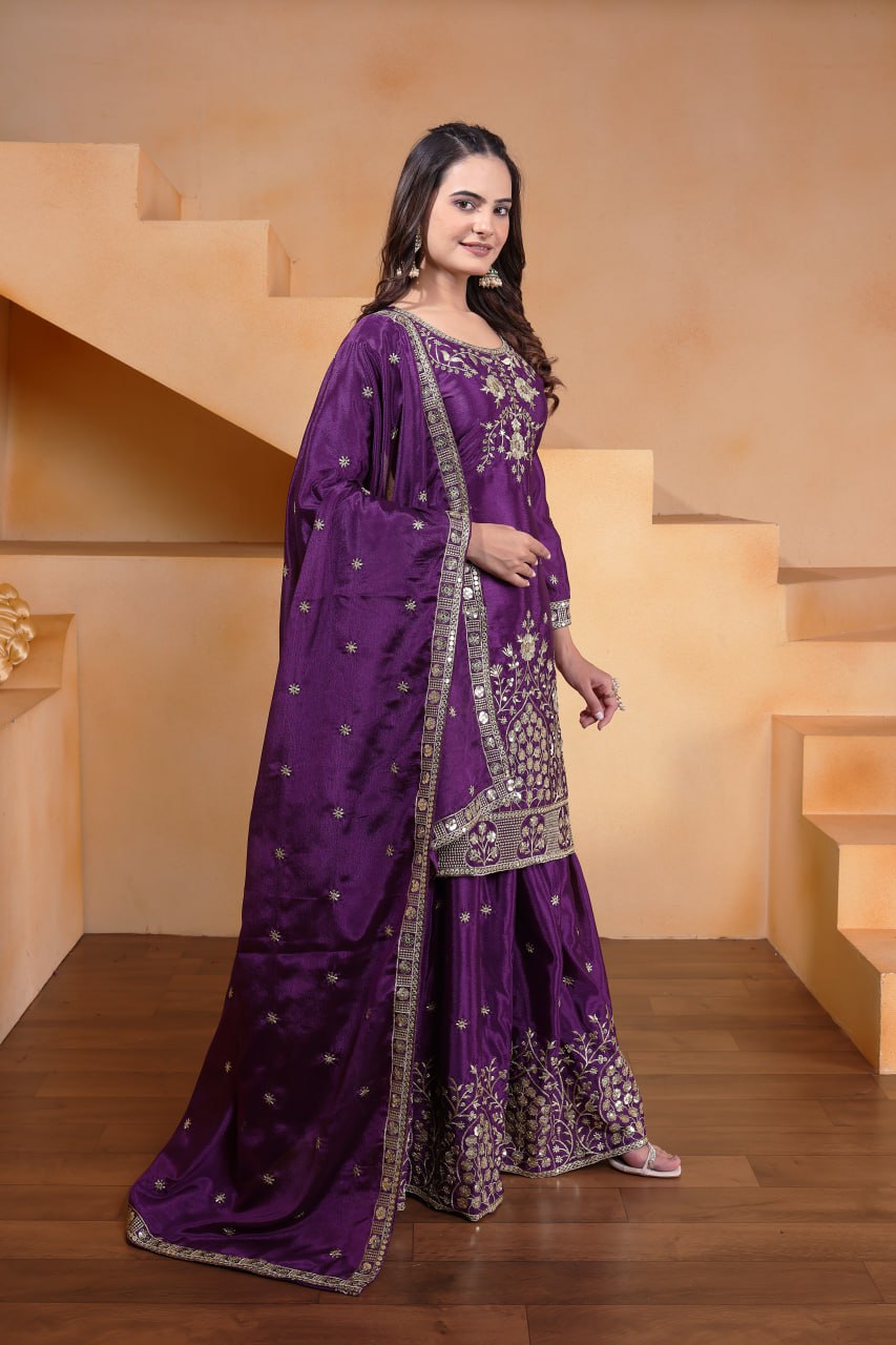 Prazu Fashion Violet Chinon Silk Embroidered Designer Sharara Suit
