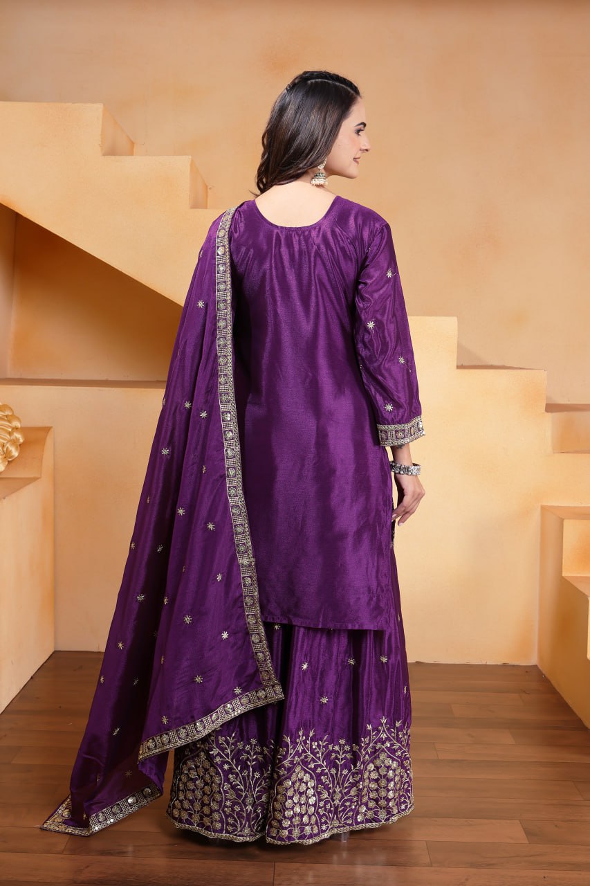 Prazu Fashion Violet Chinon Silk Embroidered Designer Sharara Suit