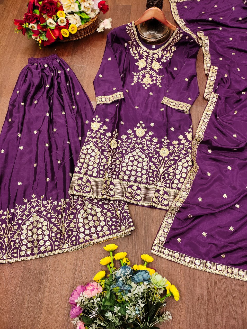 Prazu Fashion Violet Chinon Silk Embroidered Designer Sharara Suit