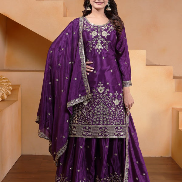 Prazu Fashion Violet Chinon Silk Embroidered Designer Sharara Suit