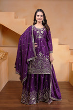 Thumbnail for Prazu Fashion Violet Chinon Silk Embroidered Designer Sharara Suit