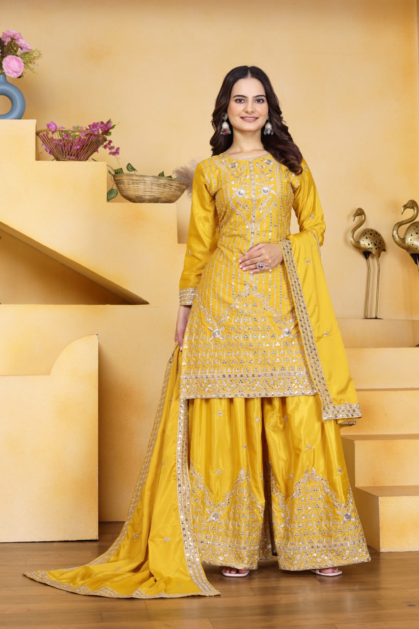 Lehenga Mart Premium Readymade Top Sharara With Dupatta Set For Women-Yellow