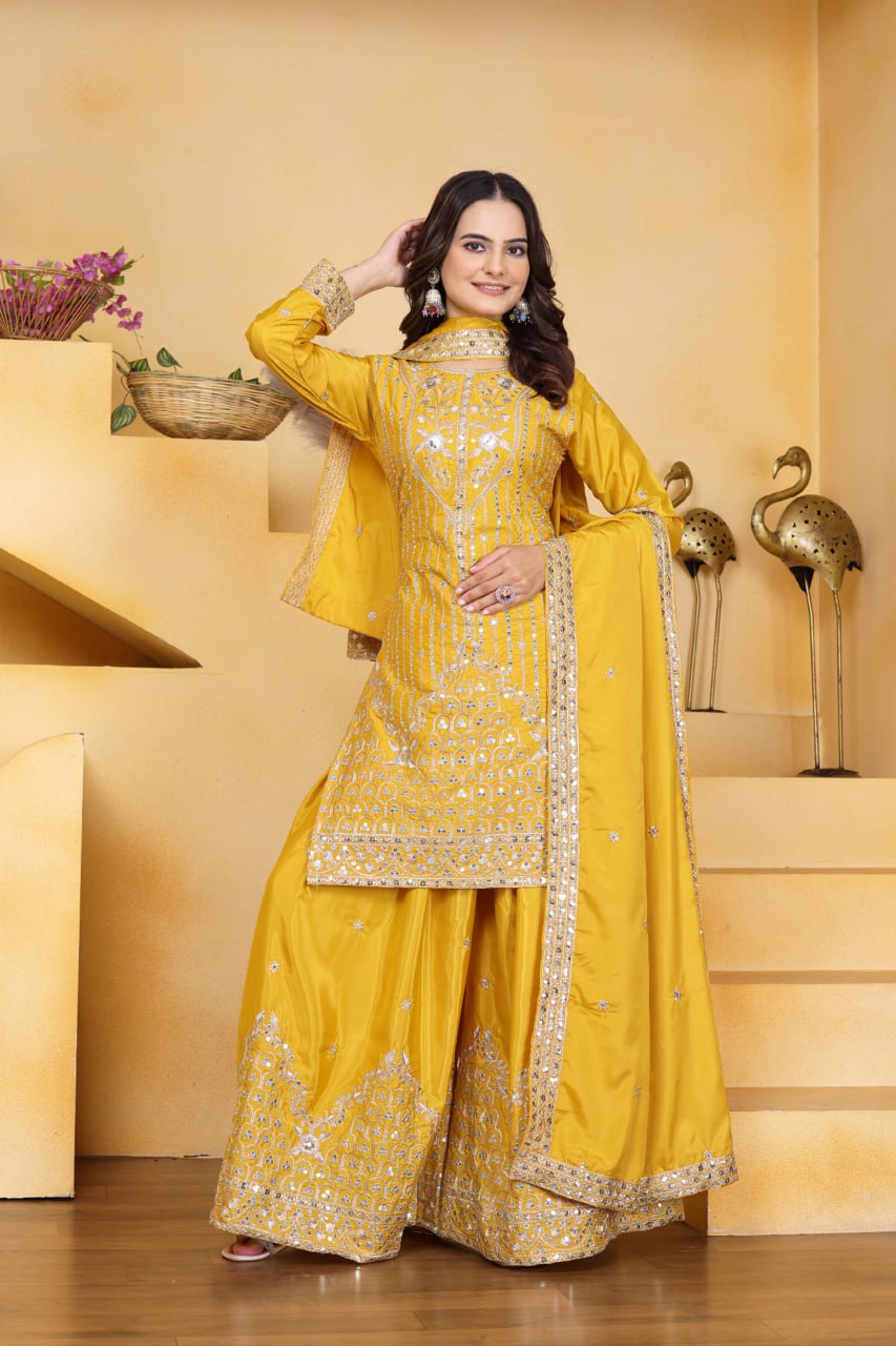 Lehenga Mart Premium Readymade Top Sharara With Dupatta Set For Women-Yellow - Distacart
