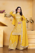 Thumbnail for Prazu Fashion Yellow Crepe Silk Embroidered Sharara Suit