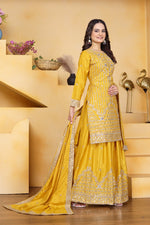 Thumbnail for Prazu Fashion Yellow Crepe Silk Embroidered Sharara Suit