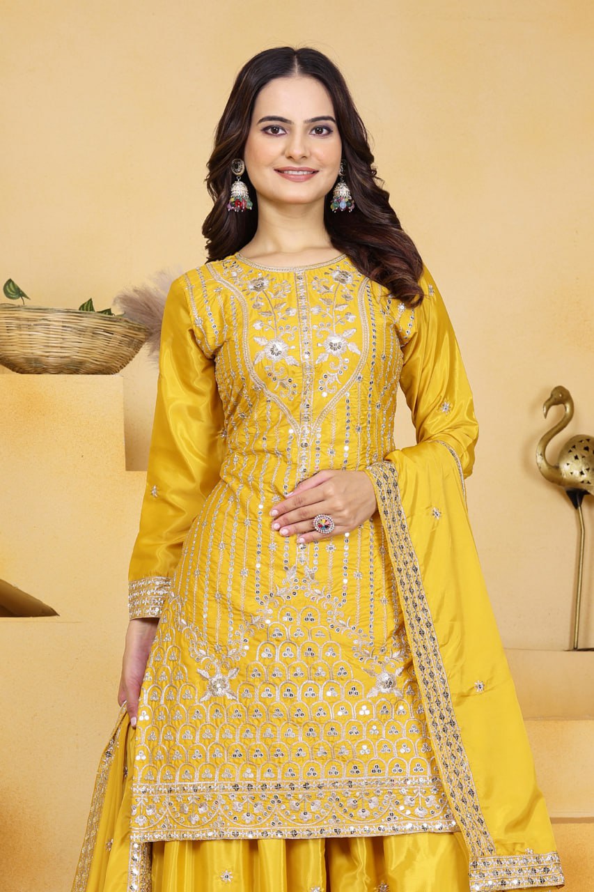 Prazu Fashion Yellow Crepe Silk Embroidered Sharara Suit
