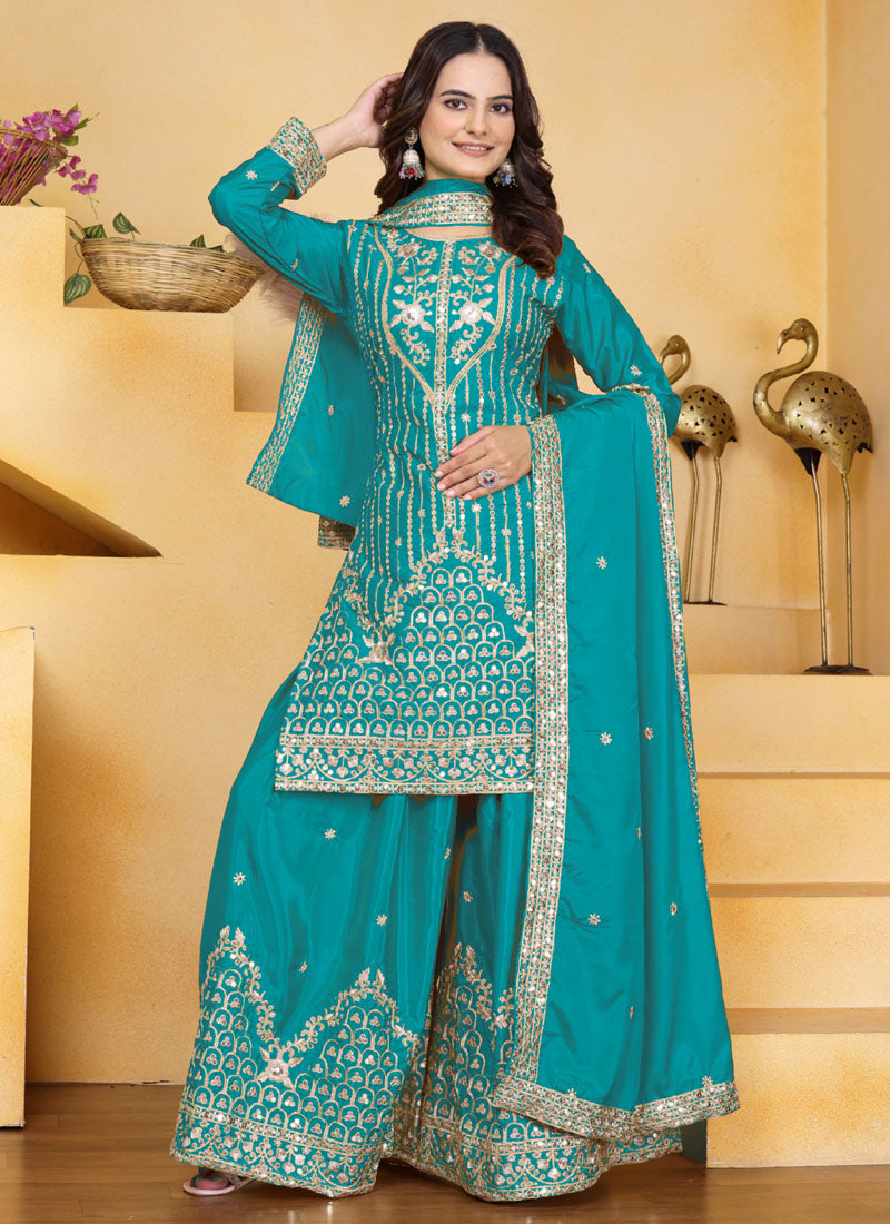 Prazu Fashion Firozi Crepe Silk Sequin Embroidered Sharara Suit - Distacart