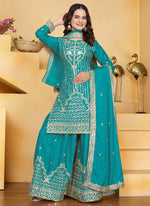 Thumbnail for Prazu Fashion Firozi Crepe Silk Sequin Embroidered Sharara Suit - Distacart