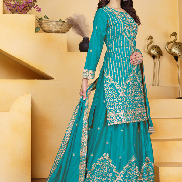 Prazu Fashion Firozi Crepe Silk Sequin Embroidered Sharara Suit - Distacart