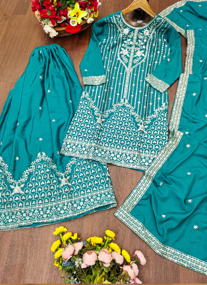 Prazu Fashion Firozi Crepe Silk Sequin Embroidered Sharara Suit - Distacart