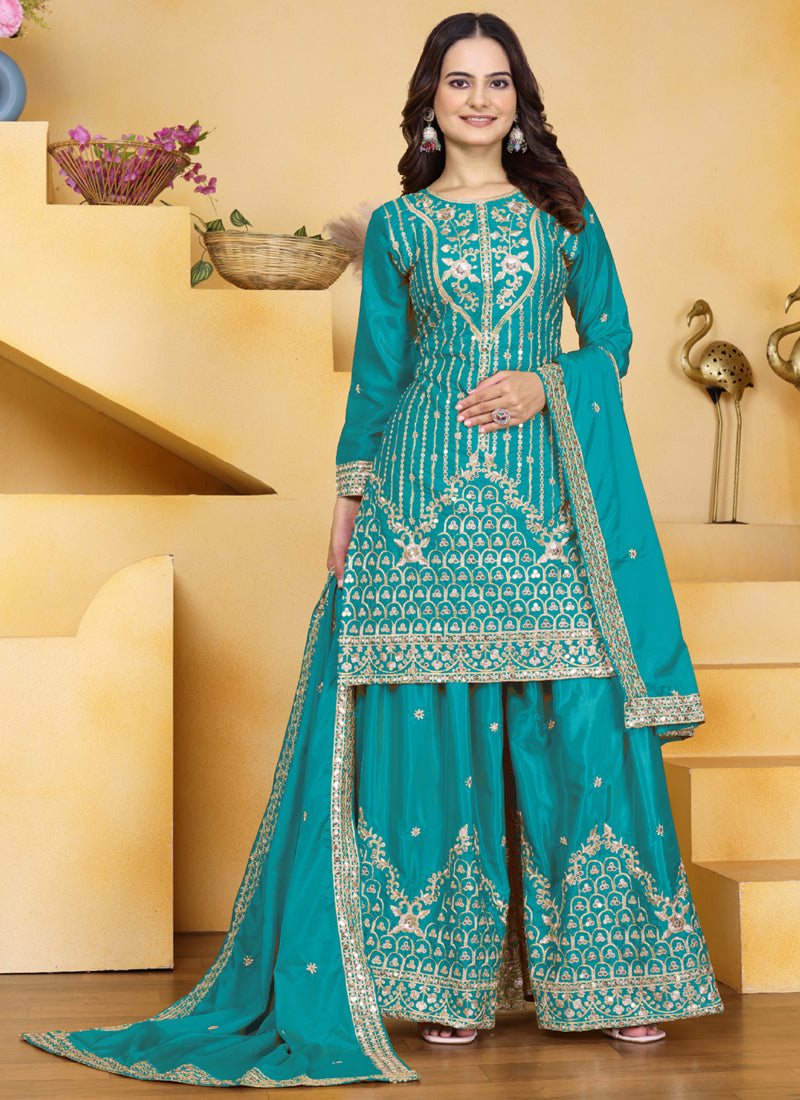 Prazu Fashion Firozi Crepe Silk Sequin Embroidered Sharara Suit - Distacart