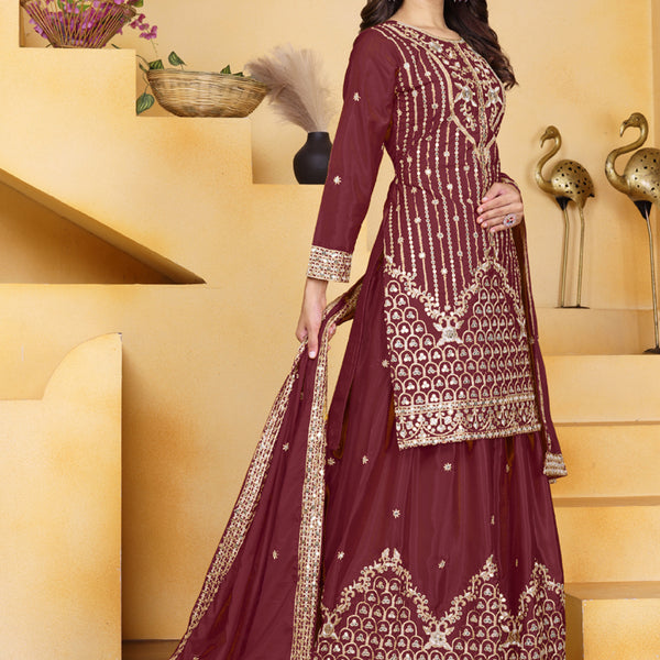 Prazu Fashion Maroon Crepe Silk Sequin Embroidered Sharara Suit - Distacart